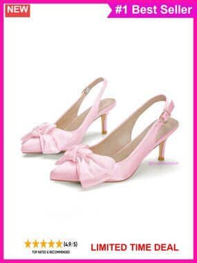 Kitten Heel Slingback Pumps with Bow Pointed Toe Satin